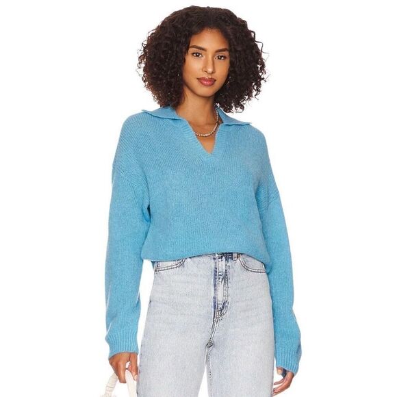 Revolve x Nation LTD Georgie Polo Sweater Cropped Alpaca Wool Size L Blue - Picture 2 of 10